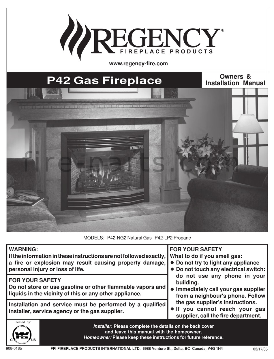 REGENCY FIREPLACE PRODUCTS P42 OWNERS INSTALLATION MANUAL Pdf 