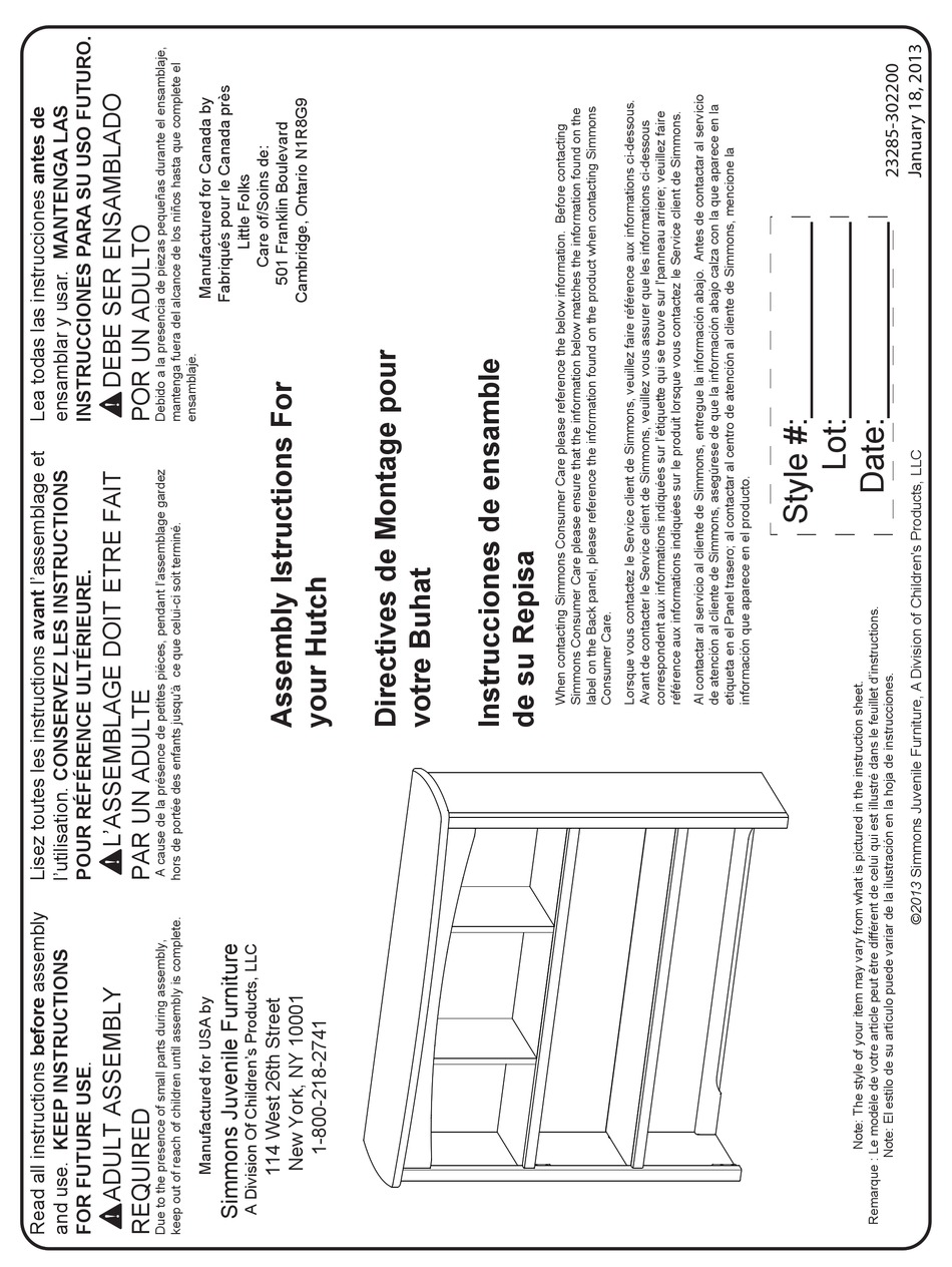 CHILDREN'S PRODUCTS SIMMONS JUVENILE 302030 ASSEMBLY INSTRUCTIONS ...