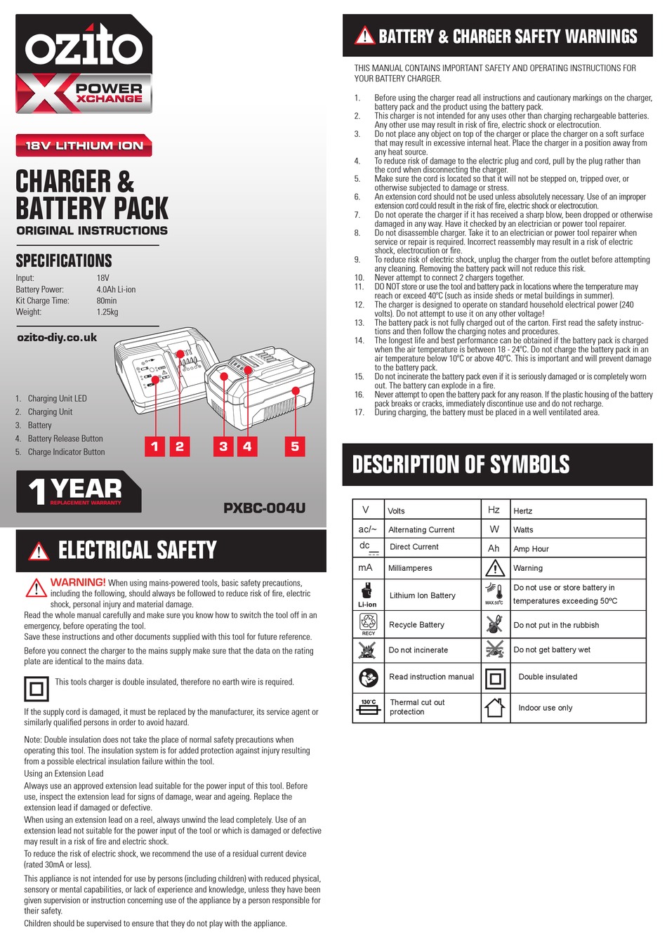 OZITO POWER X CHANGE PXBC004U ORIGINAL INSTRUCTIONS Pdf Download