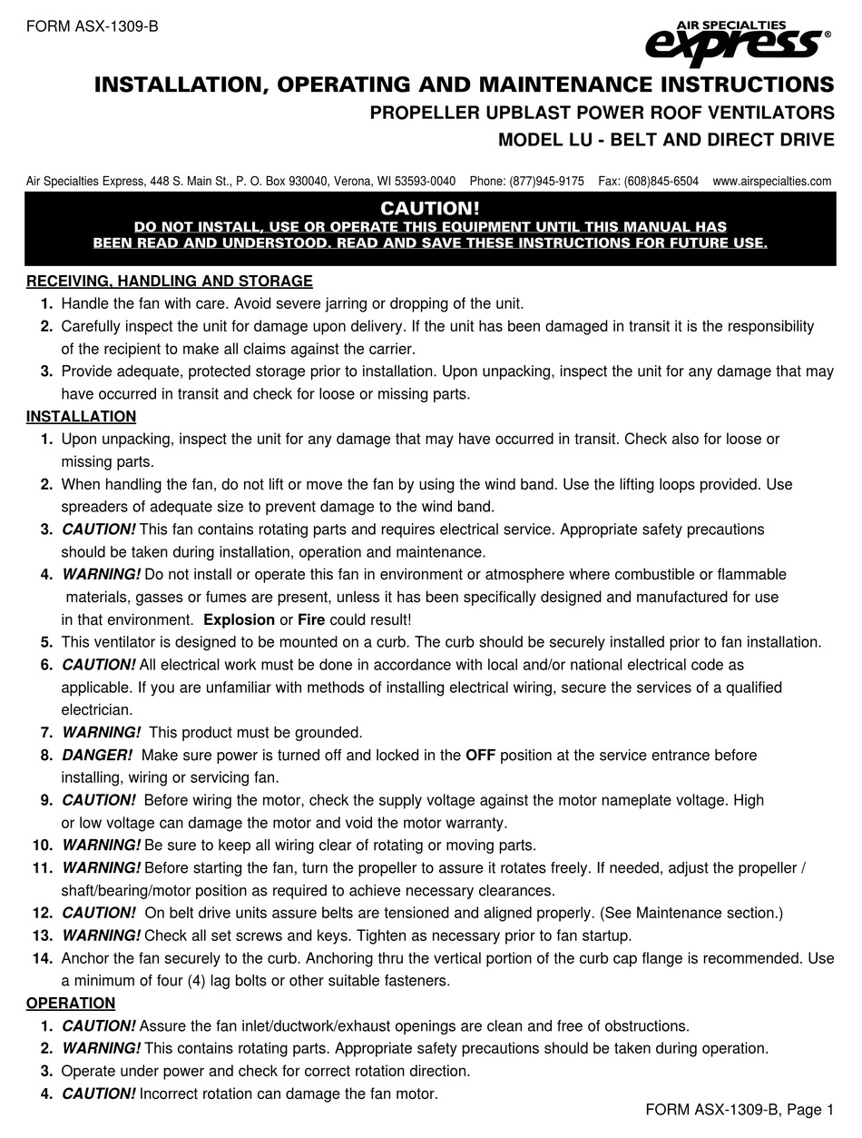 AIR SPECIALTIES EXPRESS LUBELT INSTALLATION, OPERATING AND MAINTENANCE