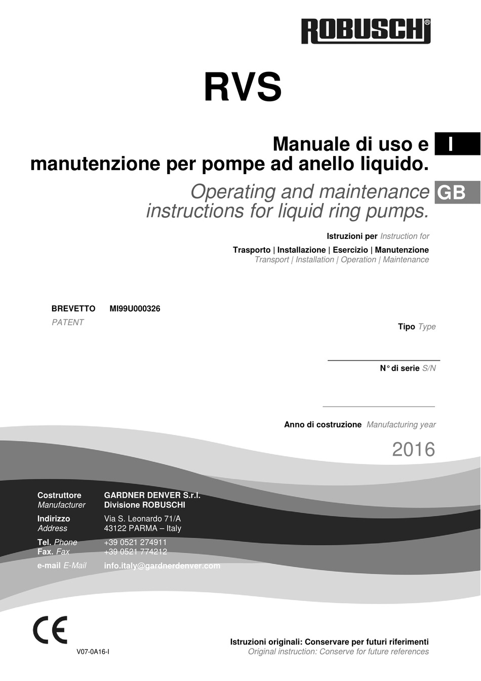ROBUSCHI RVS OPERATING AND MAINTENANCE INSTRUCTIONS MANUAL Pdf Download