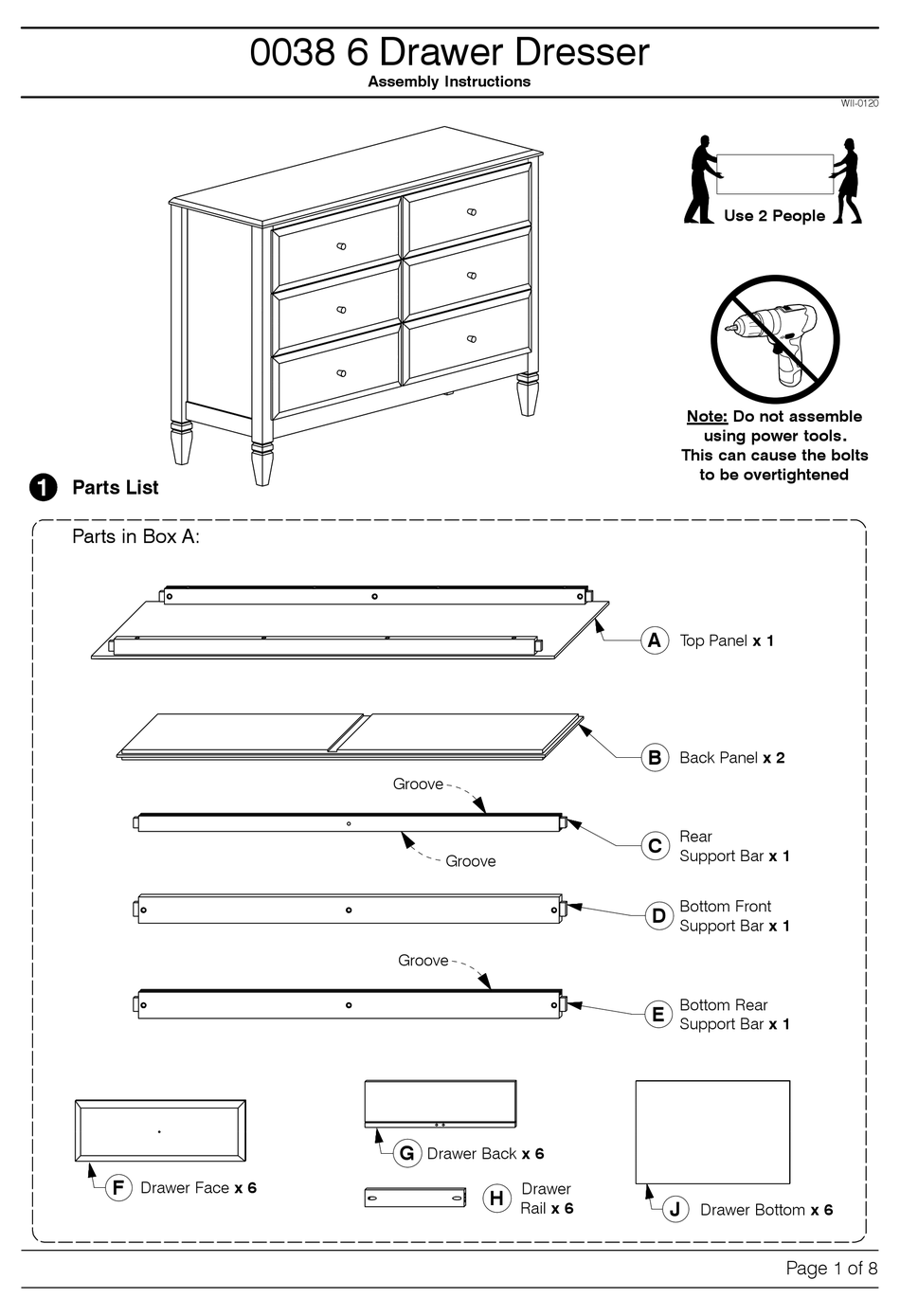 BAXTON STUDIO 0038 6 DRAWER DRESSER ASSEMBLY INSTRUCTIONS MANUAL