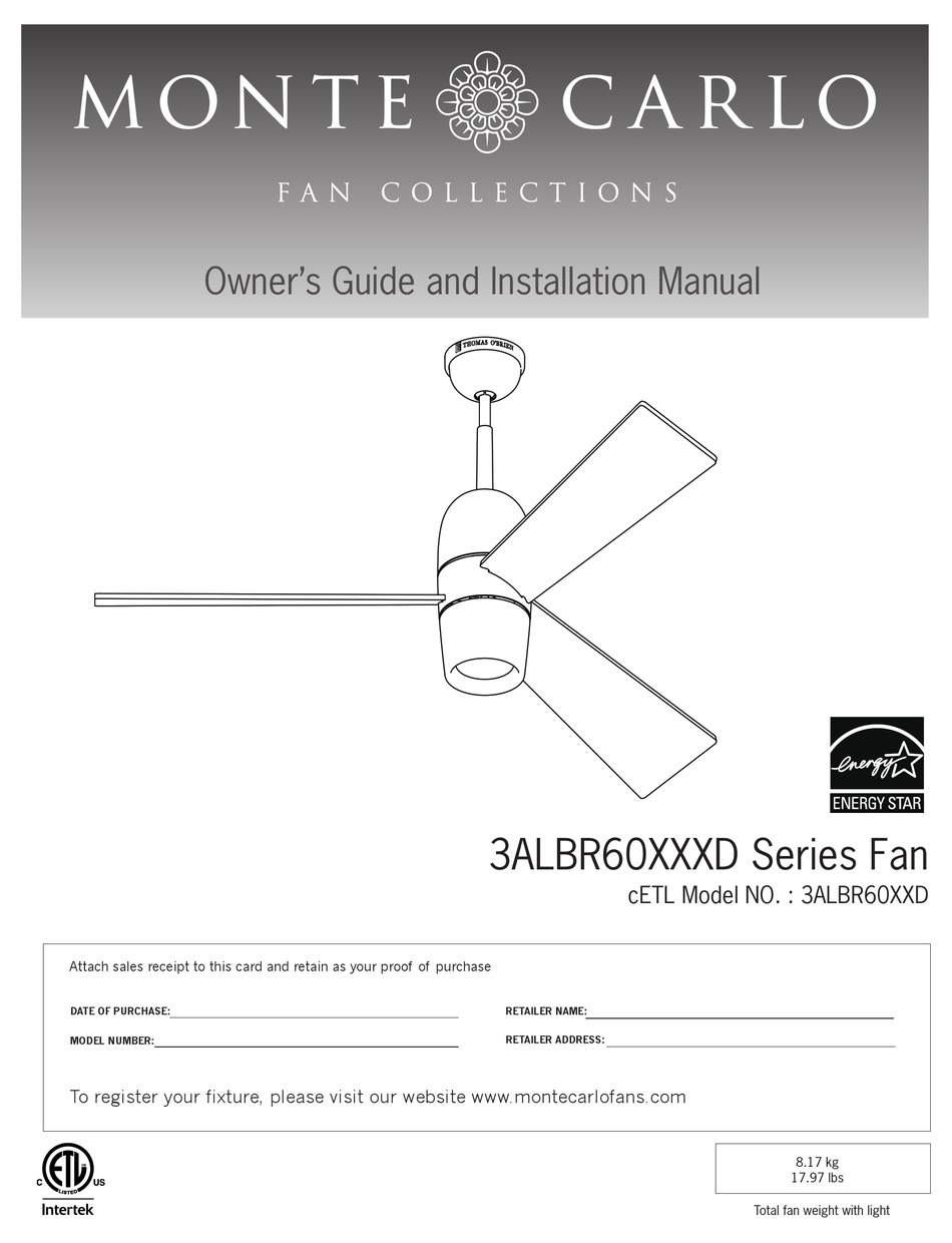 MONTE CARLO FAN COMPANY 3ALBR60 D SERIES OWNER'S MANUAL AND