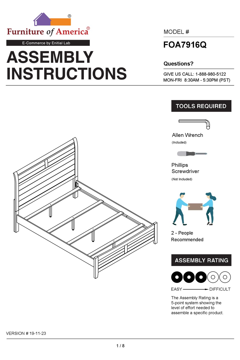 FURNITURE OF AMERICA FOA7916Q ASSEMBLY INSTRUCTIONS MANUAL Pdf Download