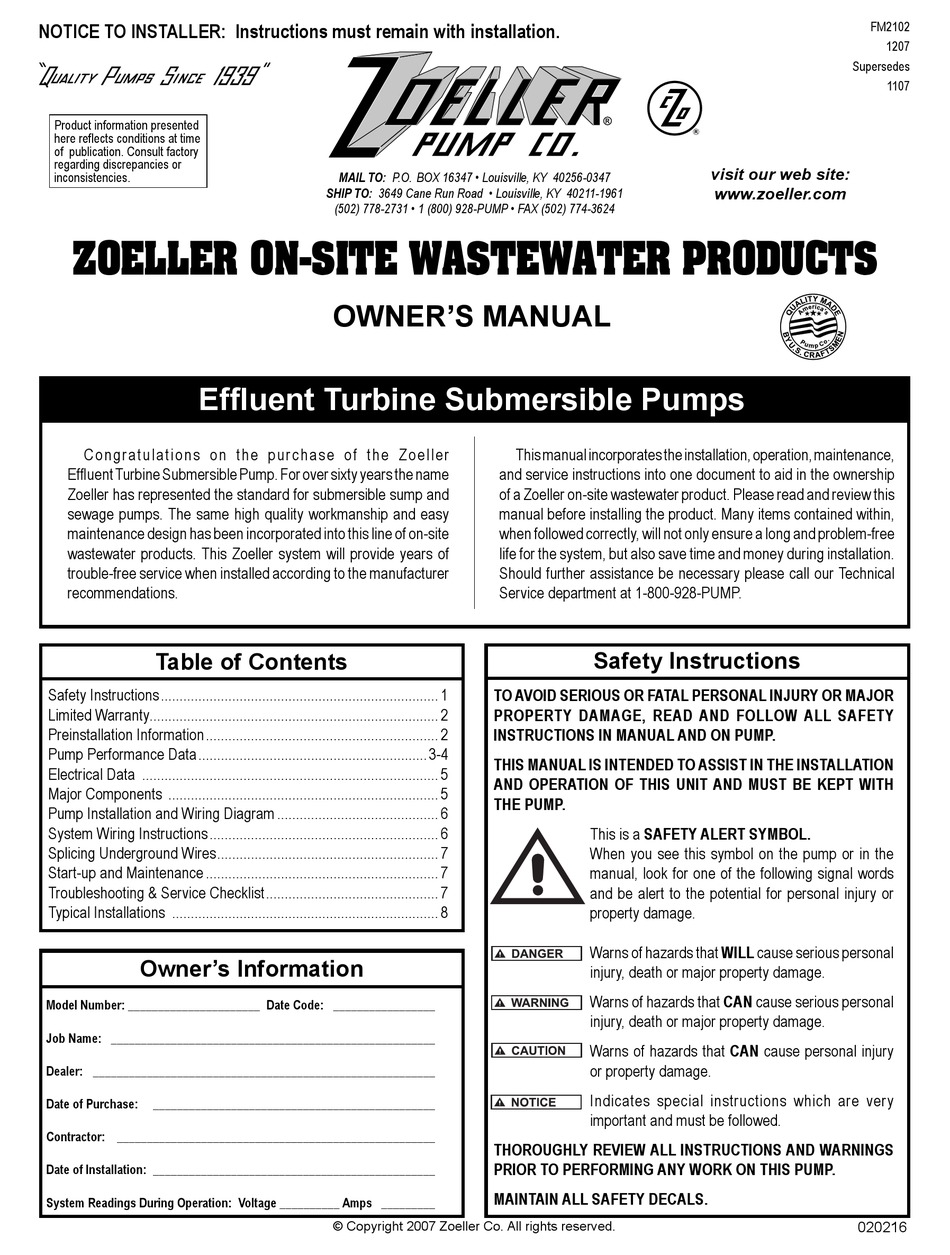 ZOELLER FM2102 WATER PUMP OWNER'S MANUAL | ManualsLib