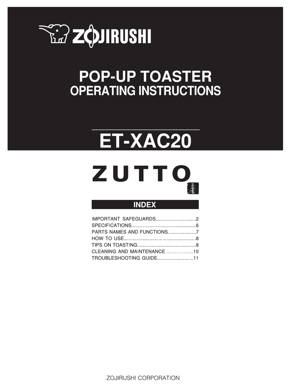 ZOJIRUSHI ETXAC20 TOASTER OPERATING INSTRUCTIONS MANUAL ManualsLib