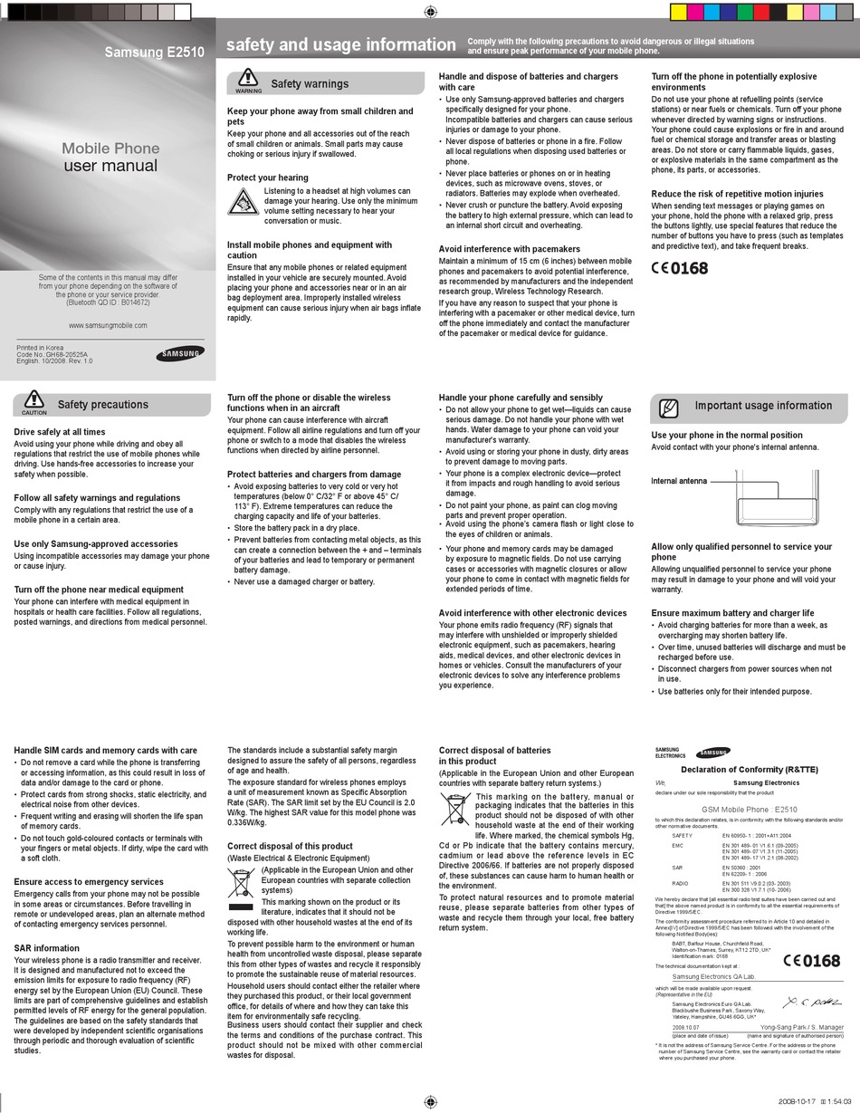 SAMSUNG GT-E2510 CELL PHONE USER MANUAL | ManualsLib