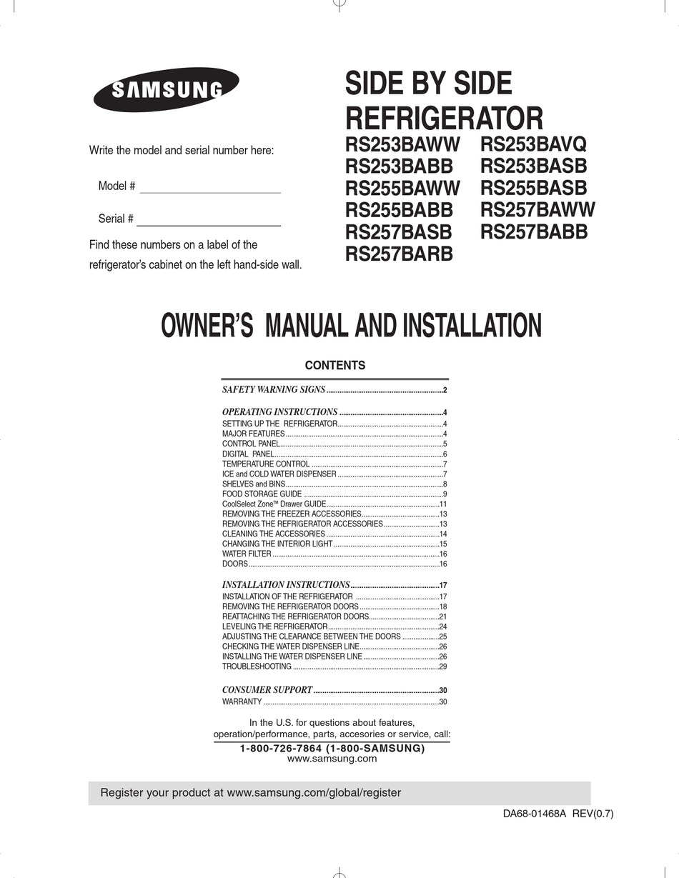 SAMSUNG RS265LASH OWNER'S MANUAL AND INSTALLATION Pdf Download | ManualsLib