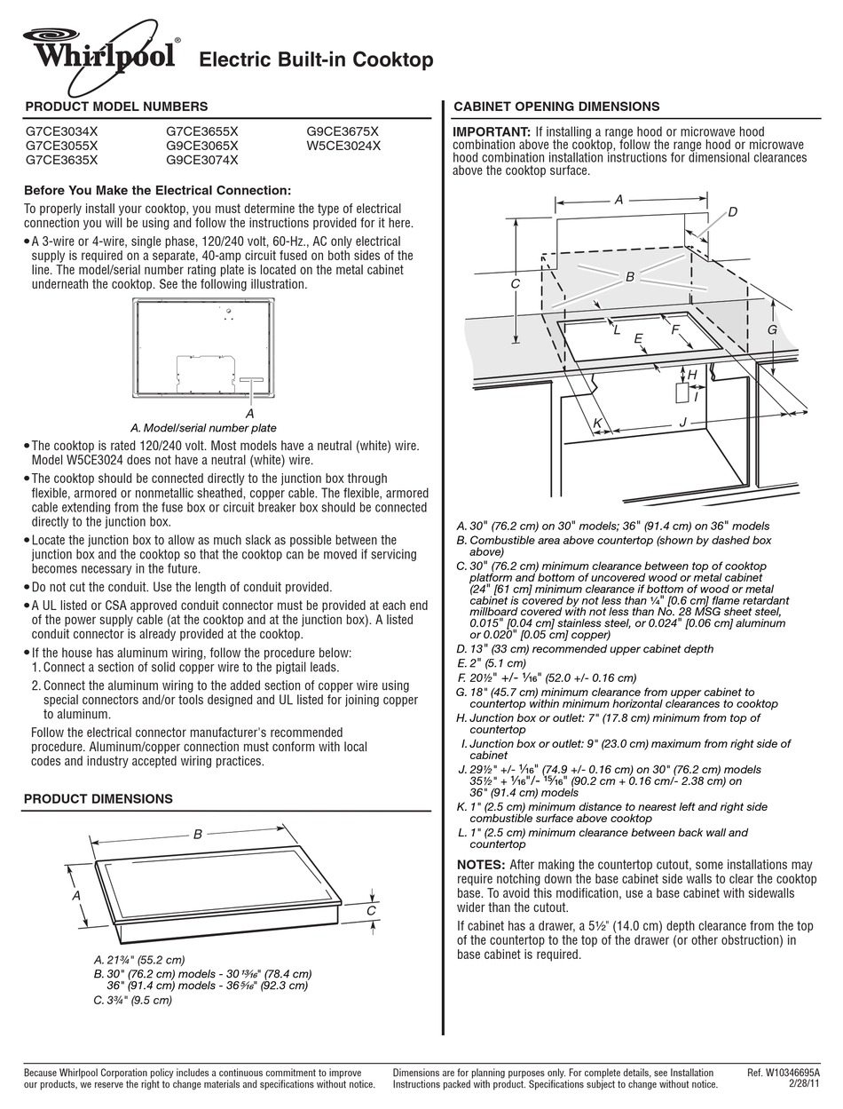 WHIRLPOOL G7CE3034X COOKTOP PRODUCT DIMENSIONS | ManualsLib