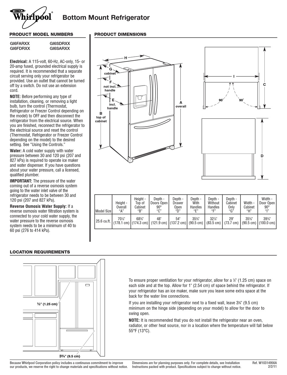 WHIRLPOOL GI6FARXX REFRIGERATOR PRODUCT DIMENSIONS ManualsLib