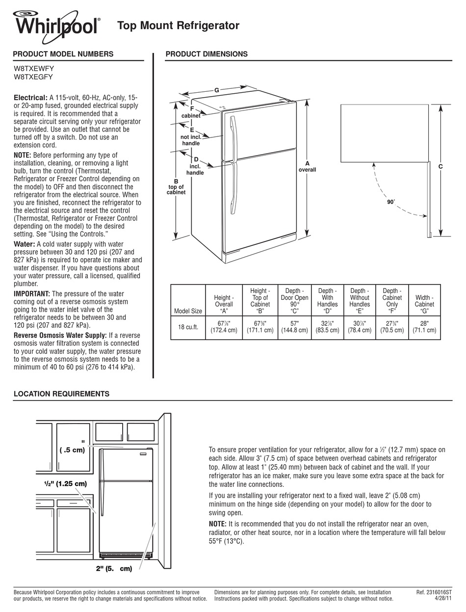 WHIRLPOOL W8TXEWFY REFRIGERATOR PRODUCT DIMENSIONS | ManualsLib