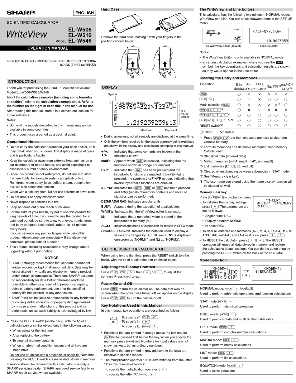 SHARP EL-W506B CALCULATOR OPERATION MANUAL | ManualsLib