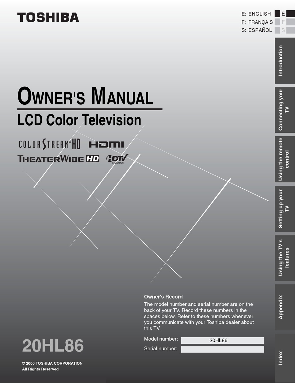 TOSHIBA THEATERWIDE 20HL86 LCD TV OWNER'S MANUAL | ManualsLib