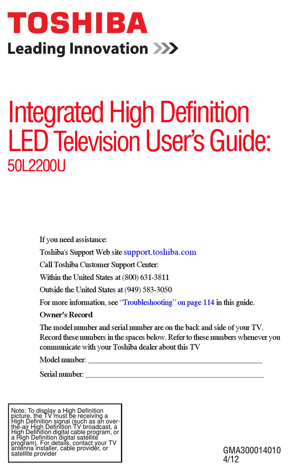TOSHIBA 50L2200U USER MANUAL Pdf Download | ManualsLib