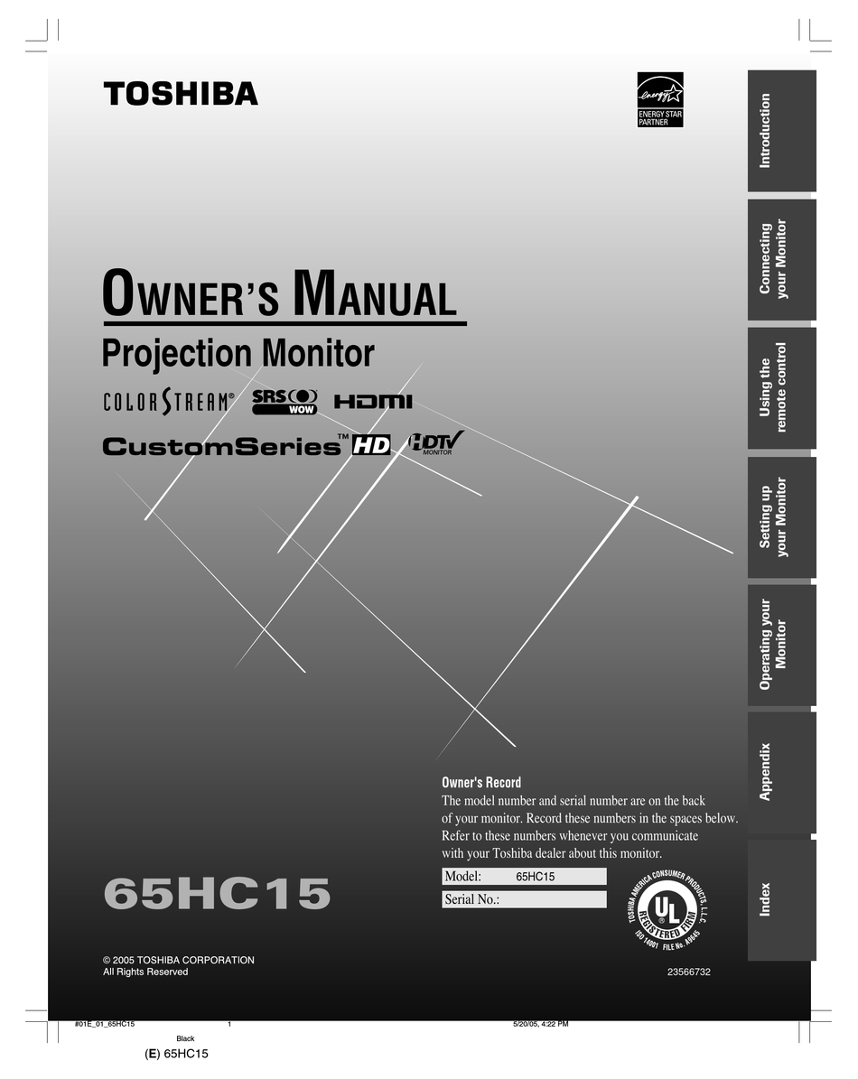 TOSHIBA 65HC15 PROJECTION TV OWNER