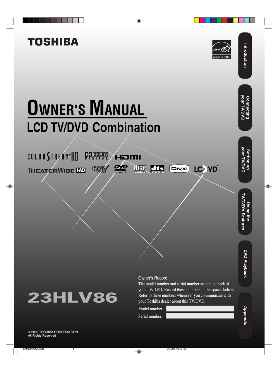 TOSHIBA 23HLV86 TV DVD COMBO OWNER'S MANUAL | ManualsLib