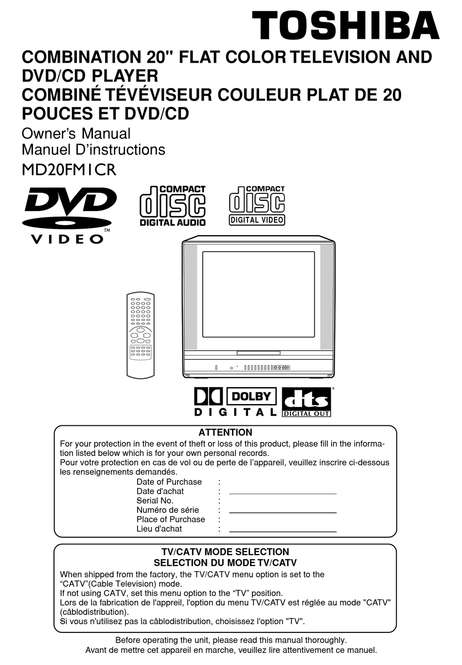 TOSHIBA MD20FM1 TV DVD COMBO OWNER'S MANUAL ManualsLib