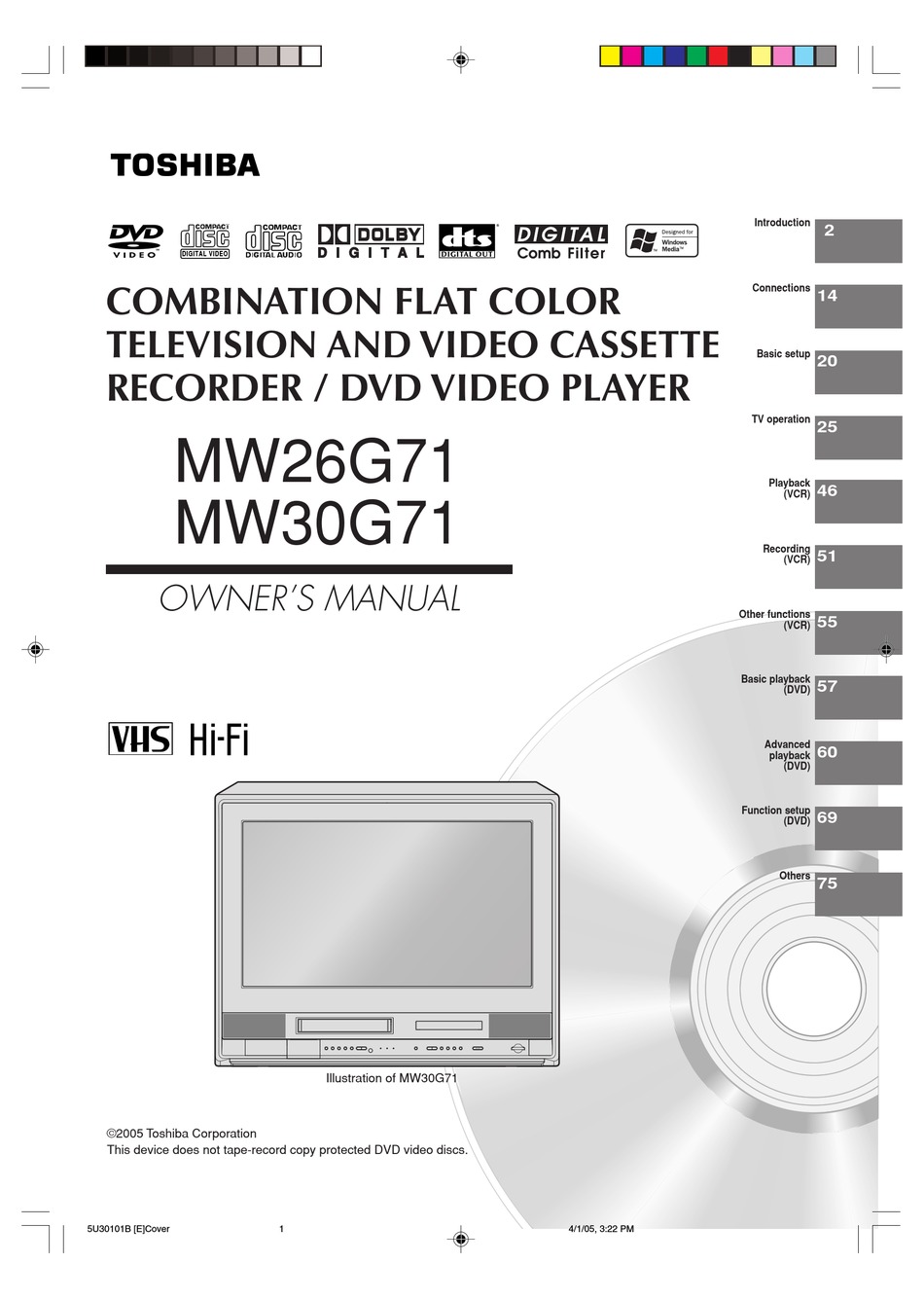 TOSHIBA MW26G71 TV DVD COMBO OWNER'S MANUAL ManualsLib