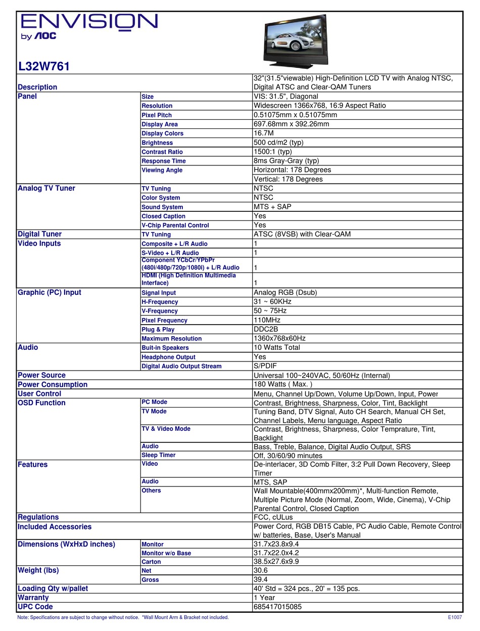 AOC ENVISION L32W761 LCD TV SPECIFICATIONS ManualsLib