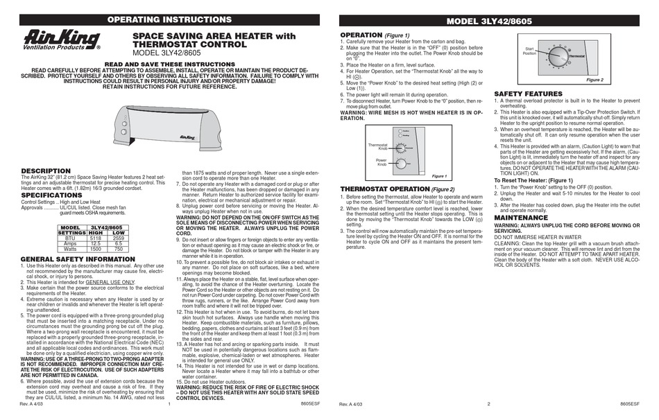 AIR KING 8605 HEATER OPERATING INSTRUCTIONS ManualsLib