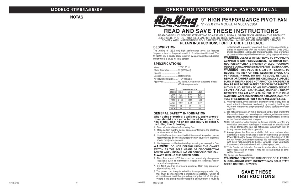 AIR KING 9530 FAN OPERATING INSTRUCTIONS AND PARTS MANUAL ManualsLib