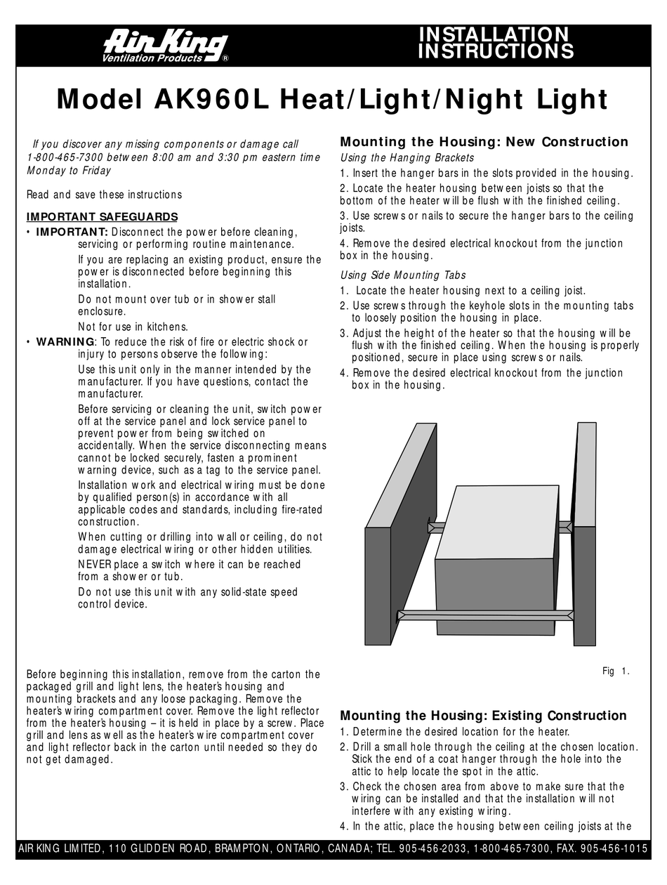 AIR KING AK960L HEATER INSTALLATION INSTRUCTIONS ManualsLib