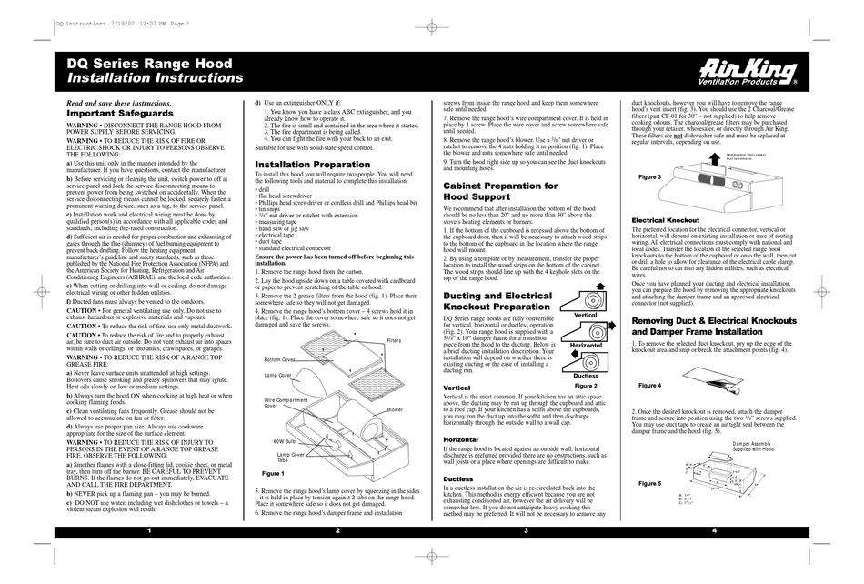 AIR KING DQ1303 VENTILATION HOOD INSTALLATION INSTRUCTIONS ManualsLib