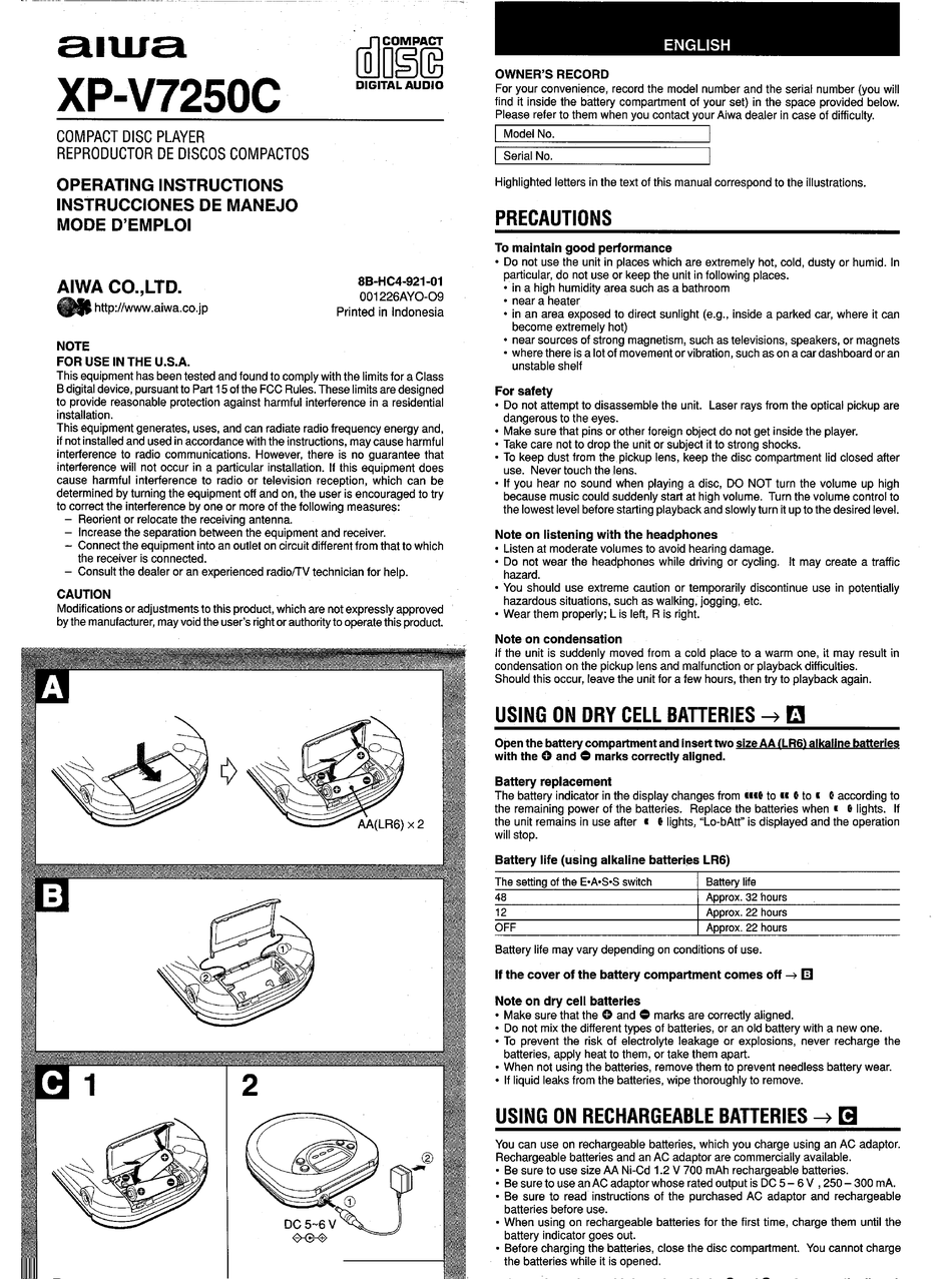 AIWA XPV7250C CD PLAYER OPERATING INSTRUCTIONS MANUAL ManualsLib