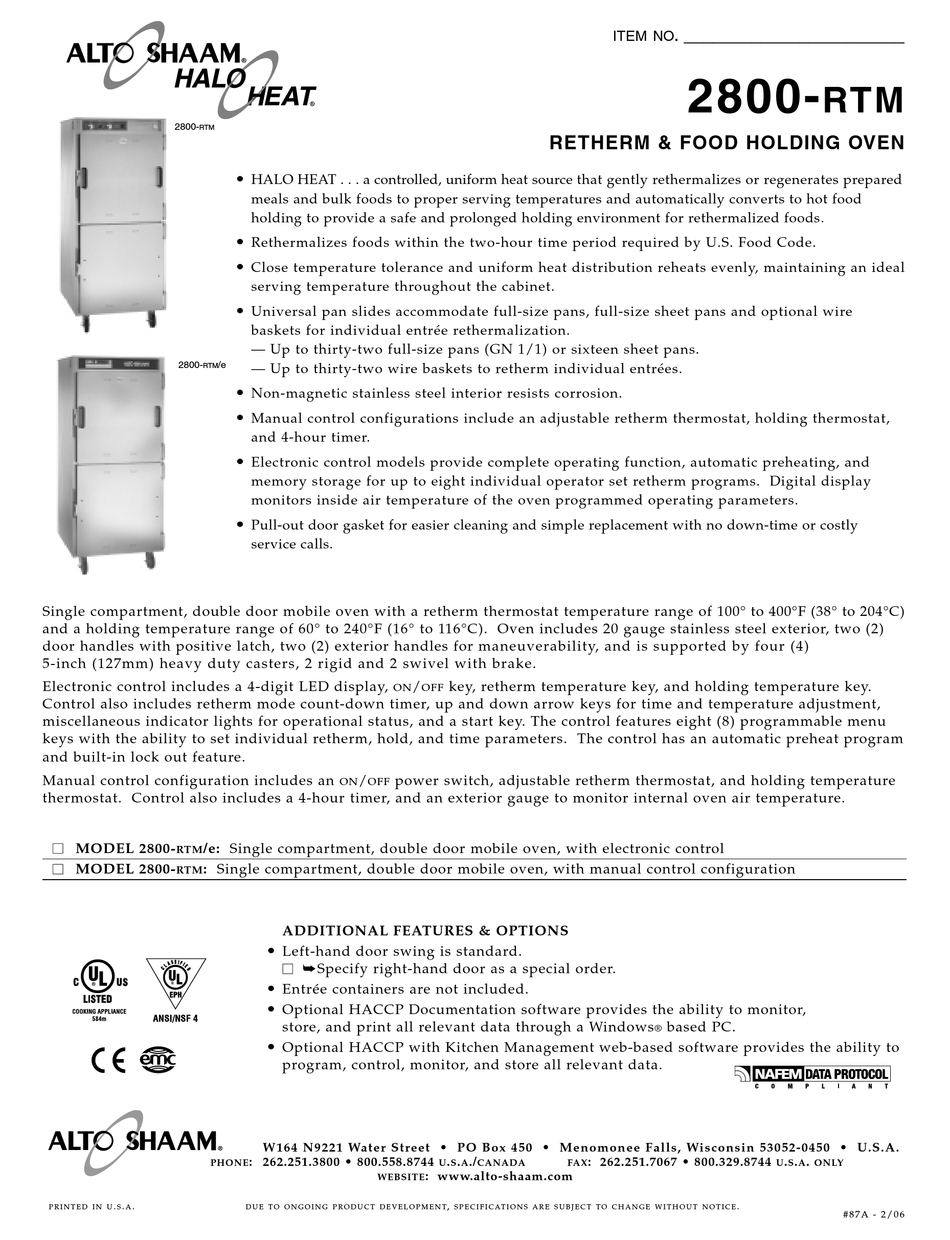 ALTO-SHAAM 2800-RTM SPECIFICATIONS Pdf Download | ManualsLib