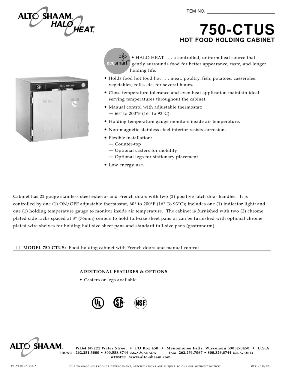 ALTO-SHAAM 750-CTUS SPECIFICATIONS Pdf Download | ManualsLib