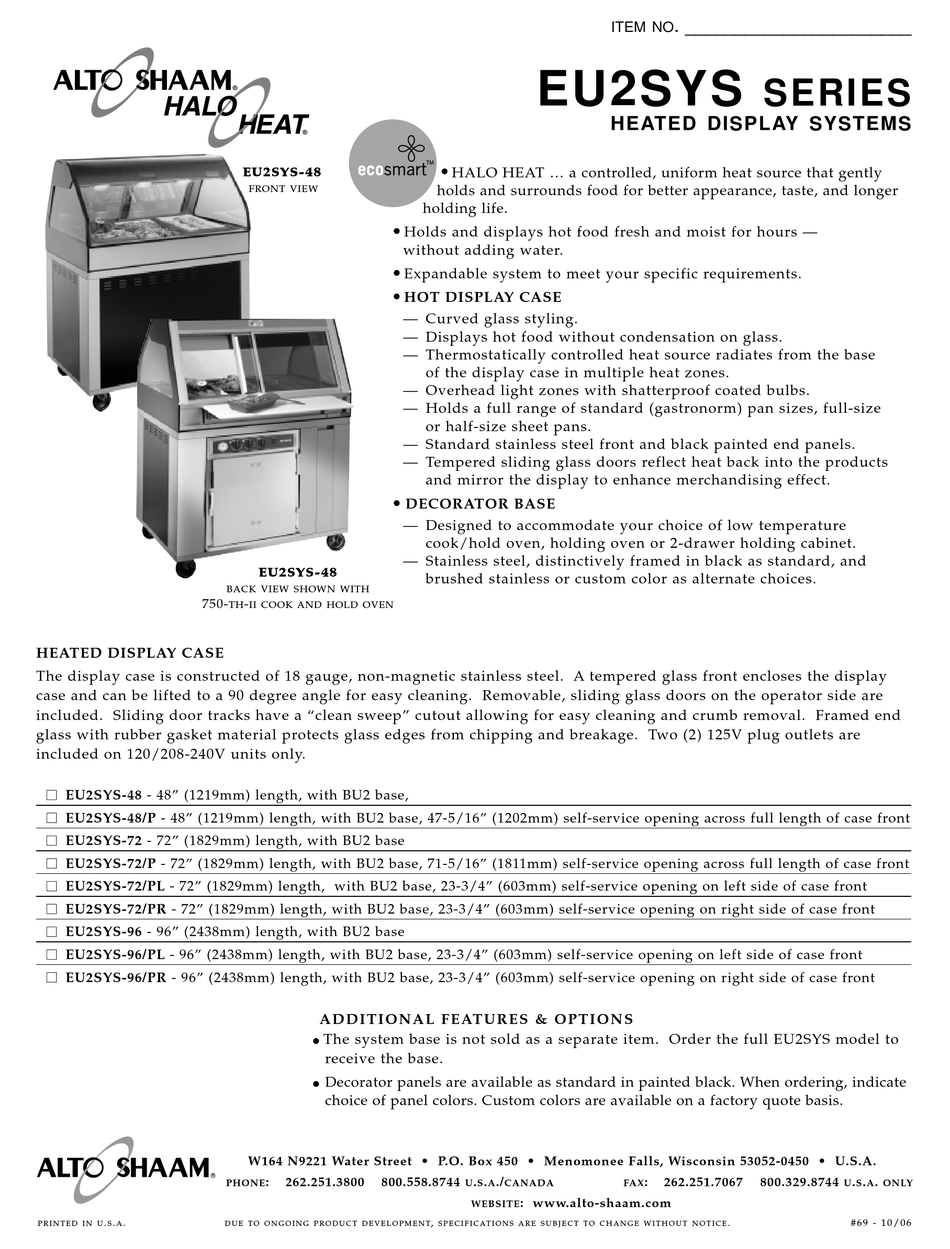 ALTO-SHAAM HALO HEAT EU2SYS-48 SPECIFICATION SHEET Pdf Download