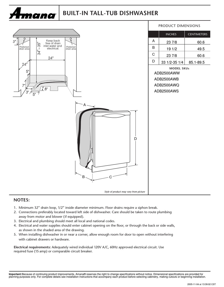AMANA ADB2500AW DISHWASHER DIMENSION MANUAL ManualsLib