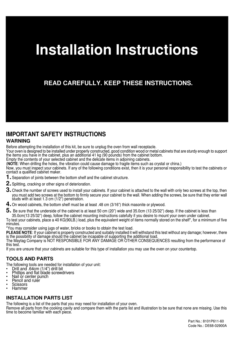 AMANA AMC4080AA MICROWAVE OVEN INSTALLATION INSTRUCTIONS MANUAL