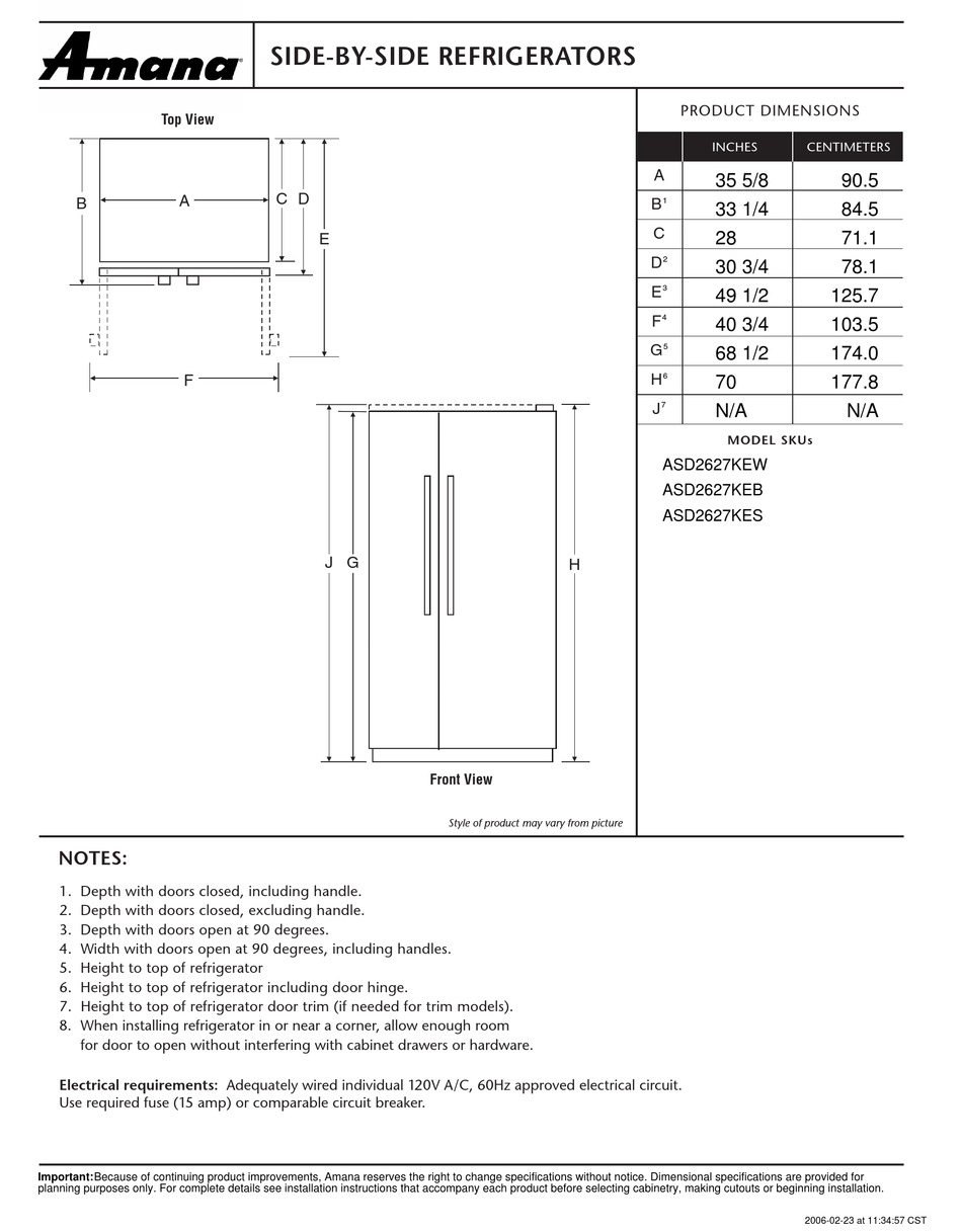 AMANA ASD2627KE REFRIGERATOR PRODUCT DIMENSIONS ManualsLib