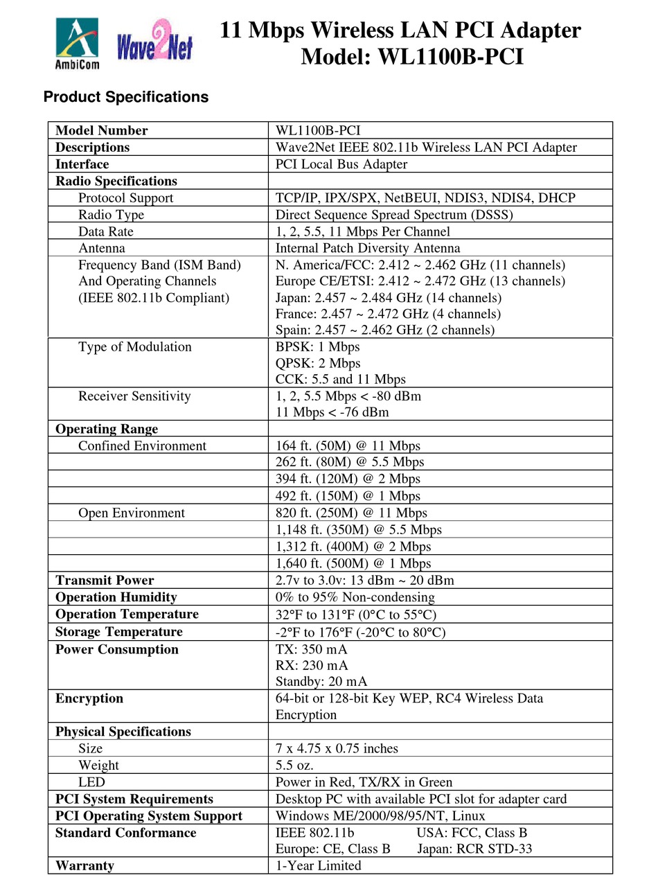 WL1100BPCI PCI CARD PRODUCT SPECIFICATIONS ManualsLib