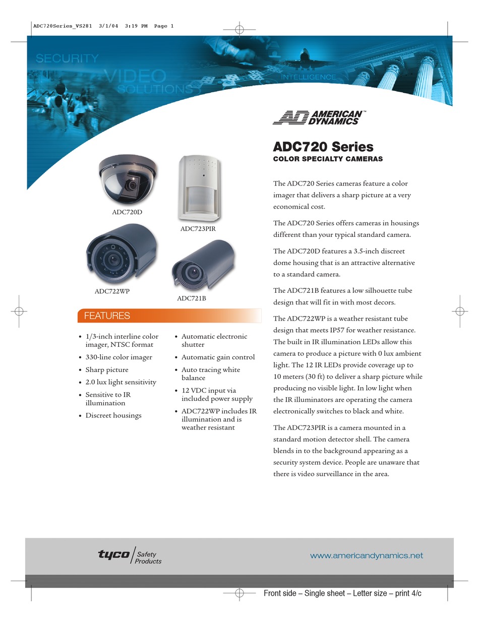 AMERICAN DYNAMICS ADC722WP SECURITY CAMERA SPECIFICATIONS ManualsLib