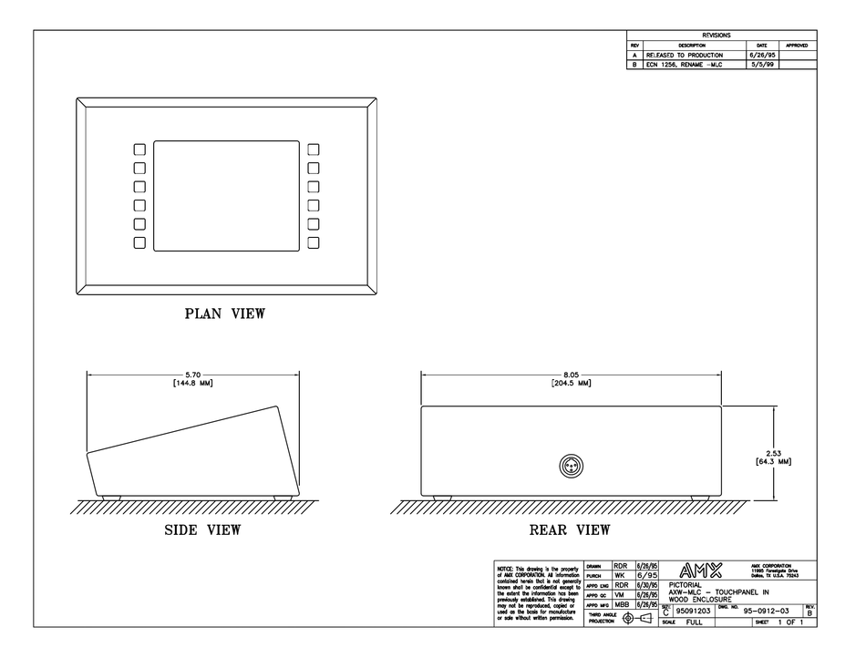 AMX AXW-MLC TOUCH PANEL DIMENSIONAL DRAWING | ManualsLib