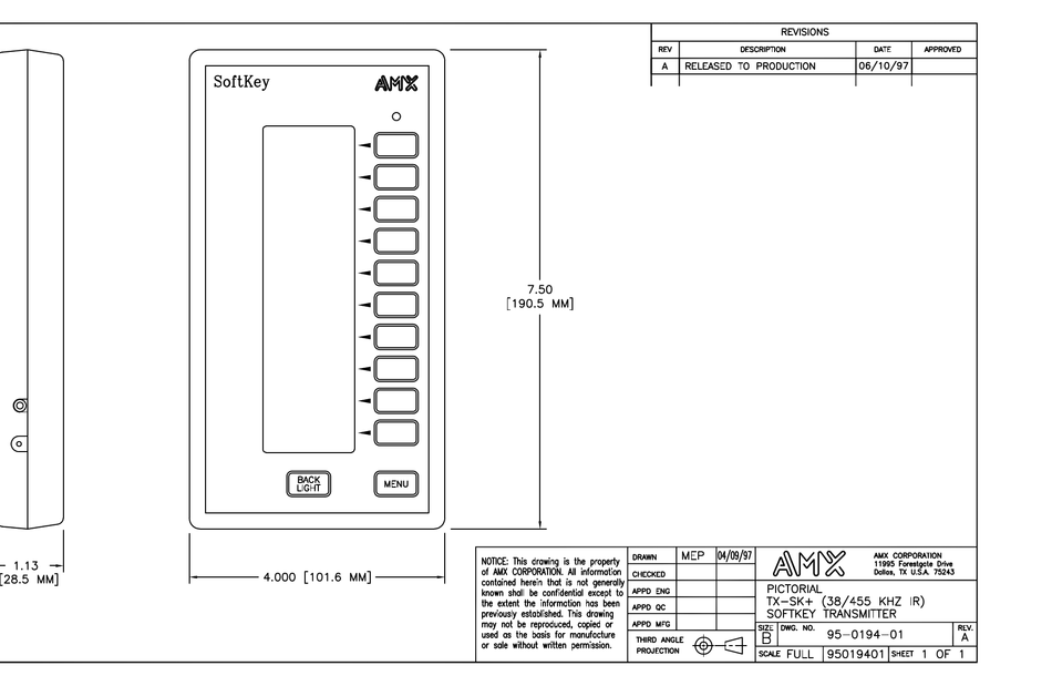 AMX TX-SK PLUS TRANSMITTER DIMENSIONAL DRAWING | ManualsLib