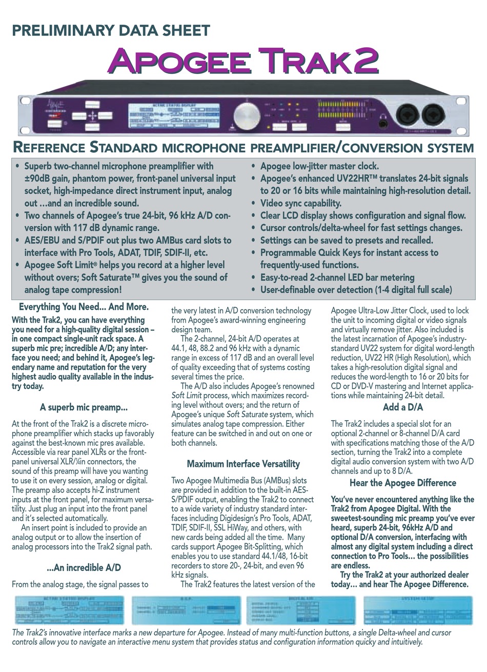 APOGEE TRAK 2 AMPLIFIER DATASHEET ManualsLib