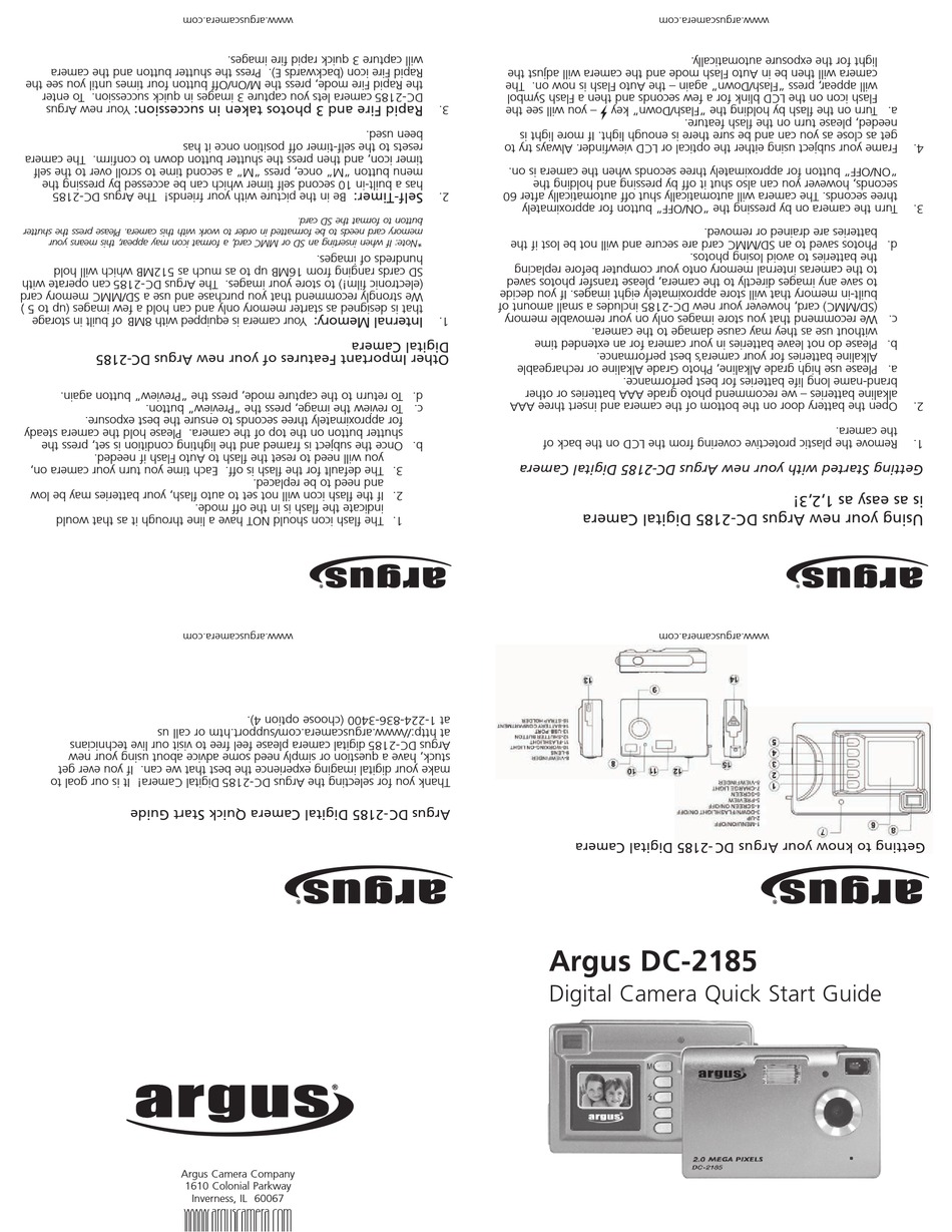 ARGUS DC2185 DIGITAL CAMERA QUICK START MANUAL ManualsLib