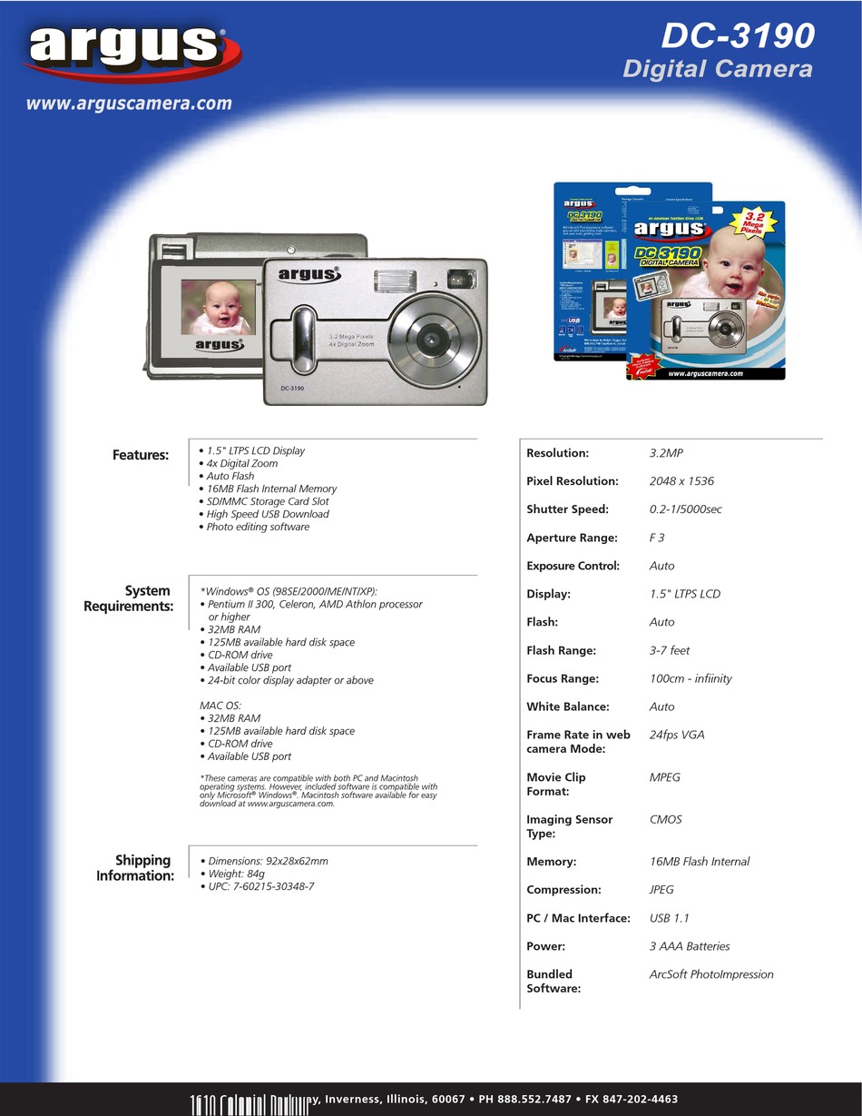 ARGUS DC3190 DIGITAL CAMERA SPECIFICATIONS ManualsLib