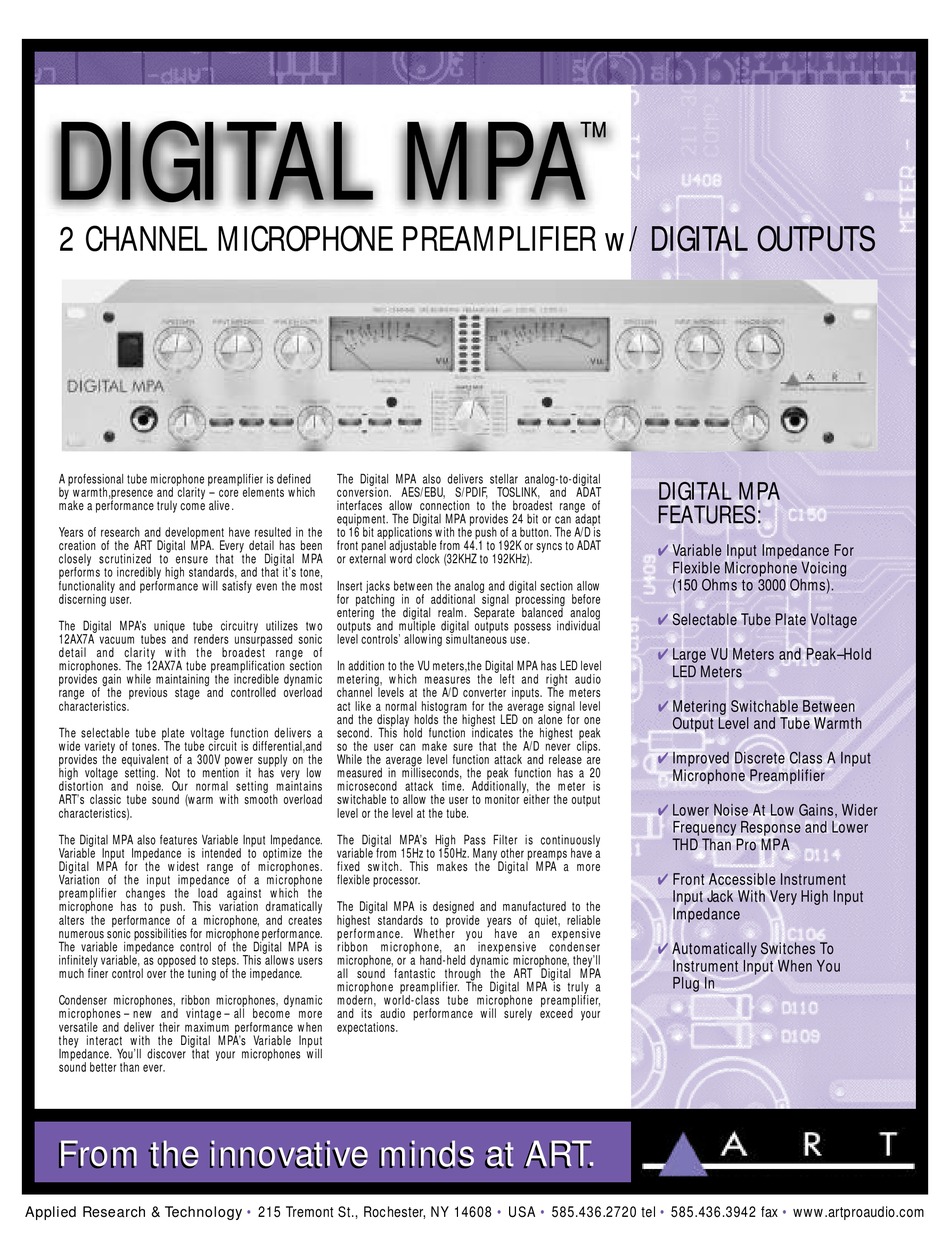 ART DIGITAL MPA AMPLIFIER SPECIFICATIONS ManualsLib