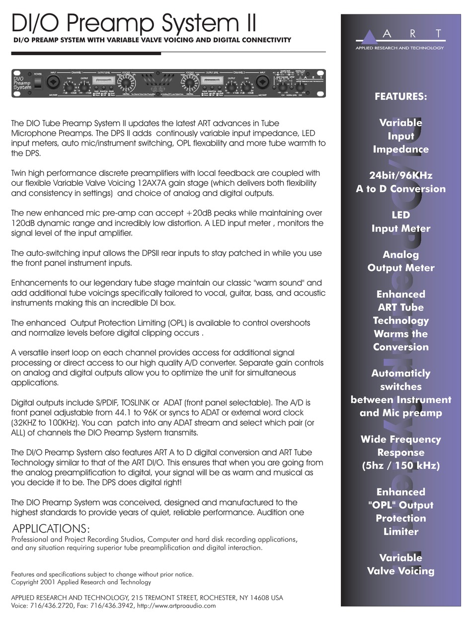 ART DI/O PREAMP SYSTEM II AMPLIFIER SPECIFICATIONS ManualsLib