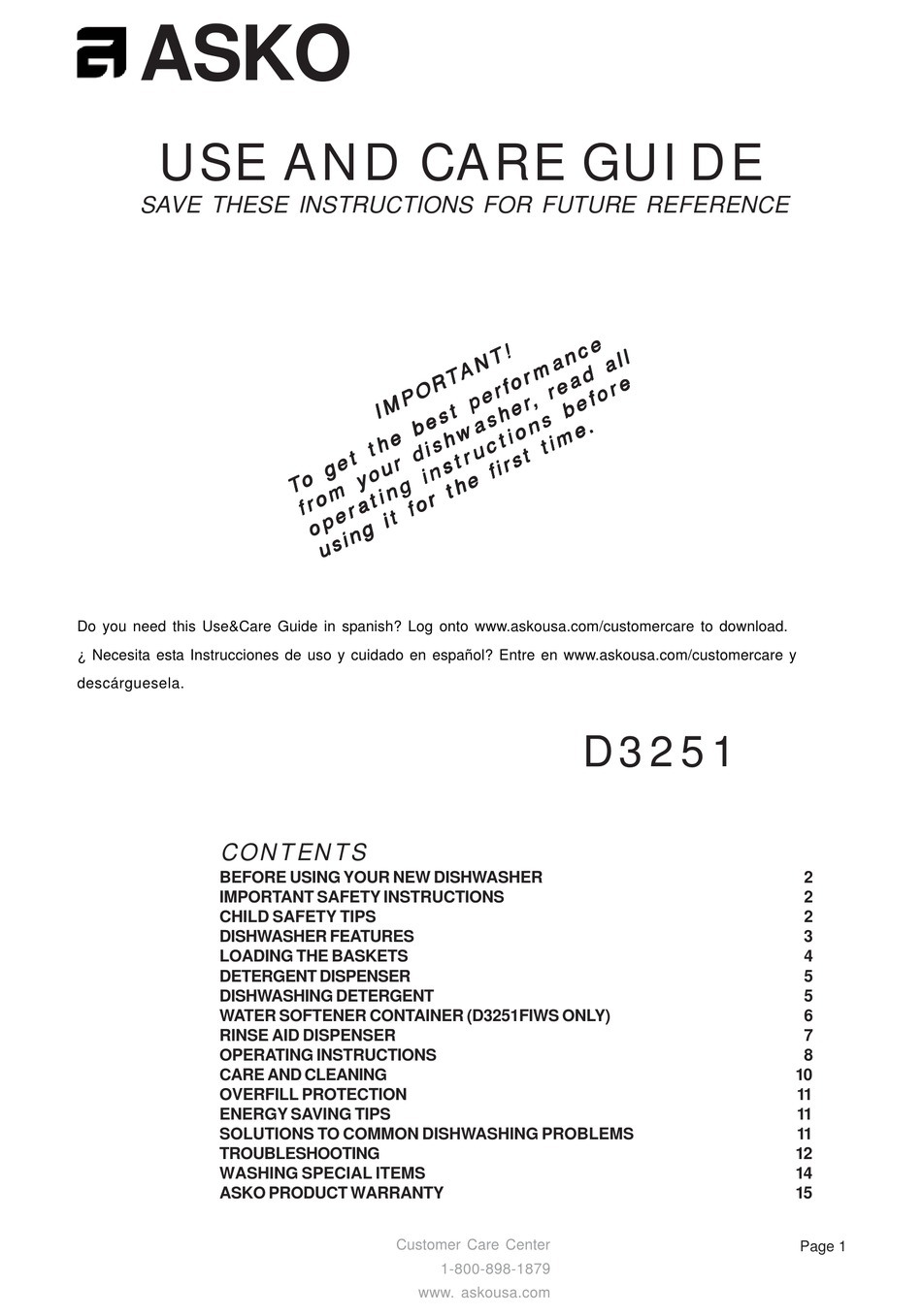 ASKO D3251HDSS DISHWASHER USE AND CARE MANUAL ManualsLib