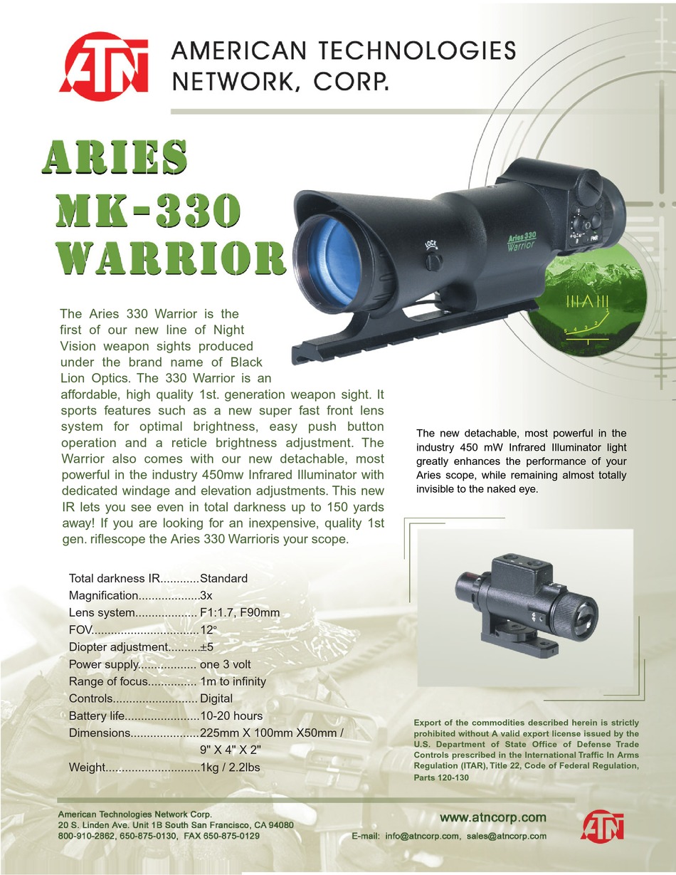 ATN ARIES MK330 WARRIOR SPECIFICATIONS Pdf Download | ManualsLib