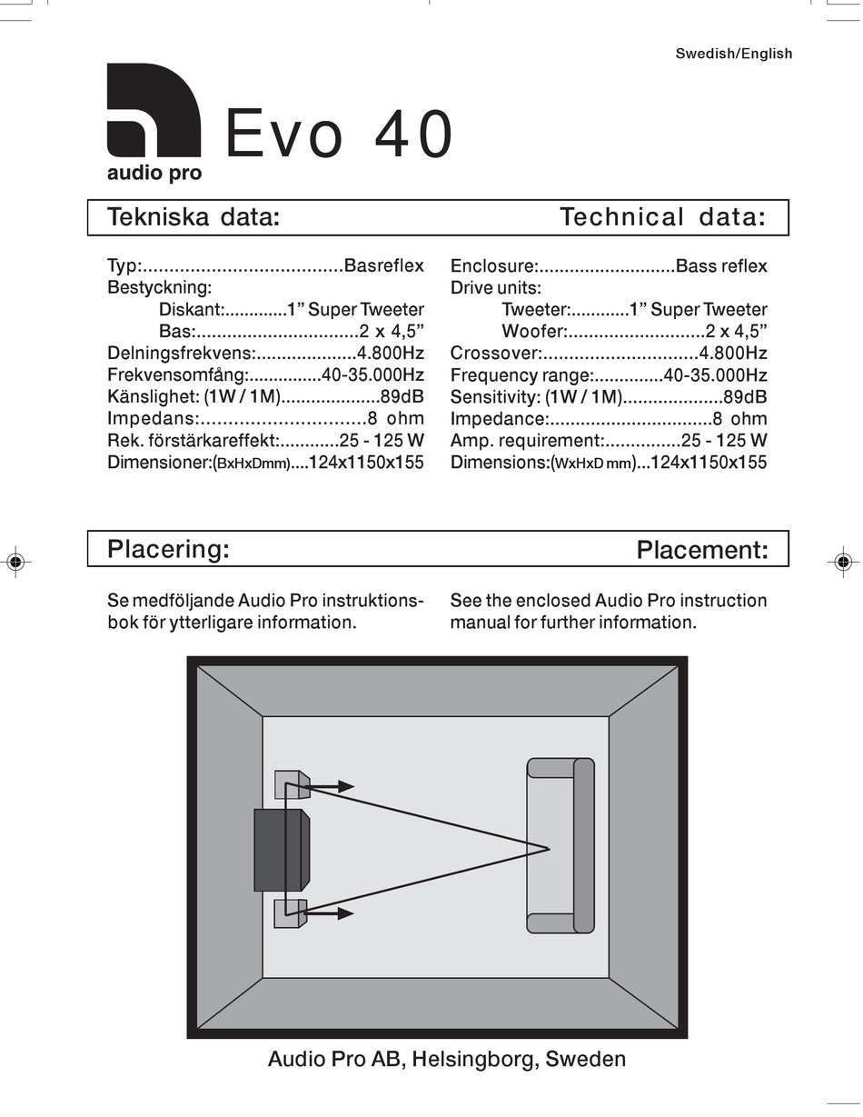 AUDIO PRO EVO SERIES EVO 40 SPEAKER TECHNICAL DATA ManualsLib