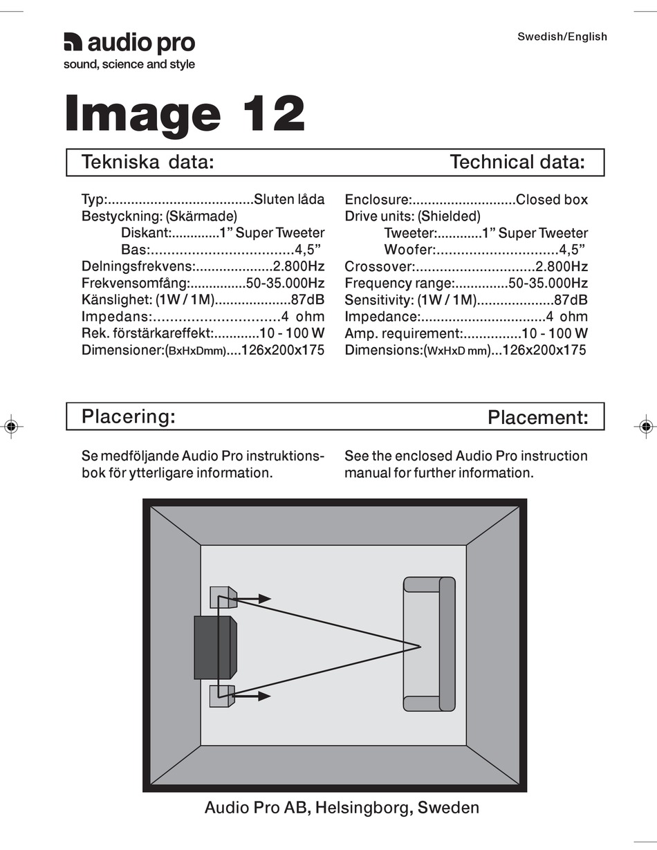 AUDIO PRO IMAGE SERIES IMAGE 12 SPEAKER TECHNICAL DATA | ManualsLib