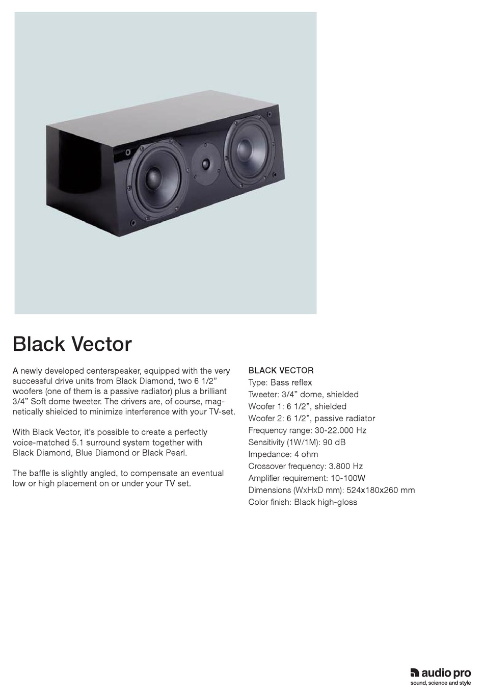 高級スピーカー audio-pro ファッション Black Vector v.2 センタースピーカー