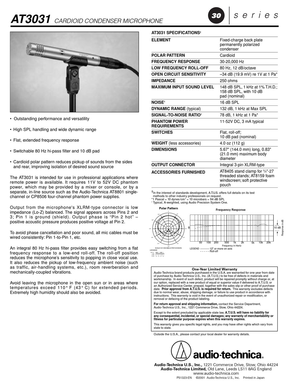 Audio Technica At3031 Specifications Pdf Download Manualslib