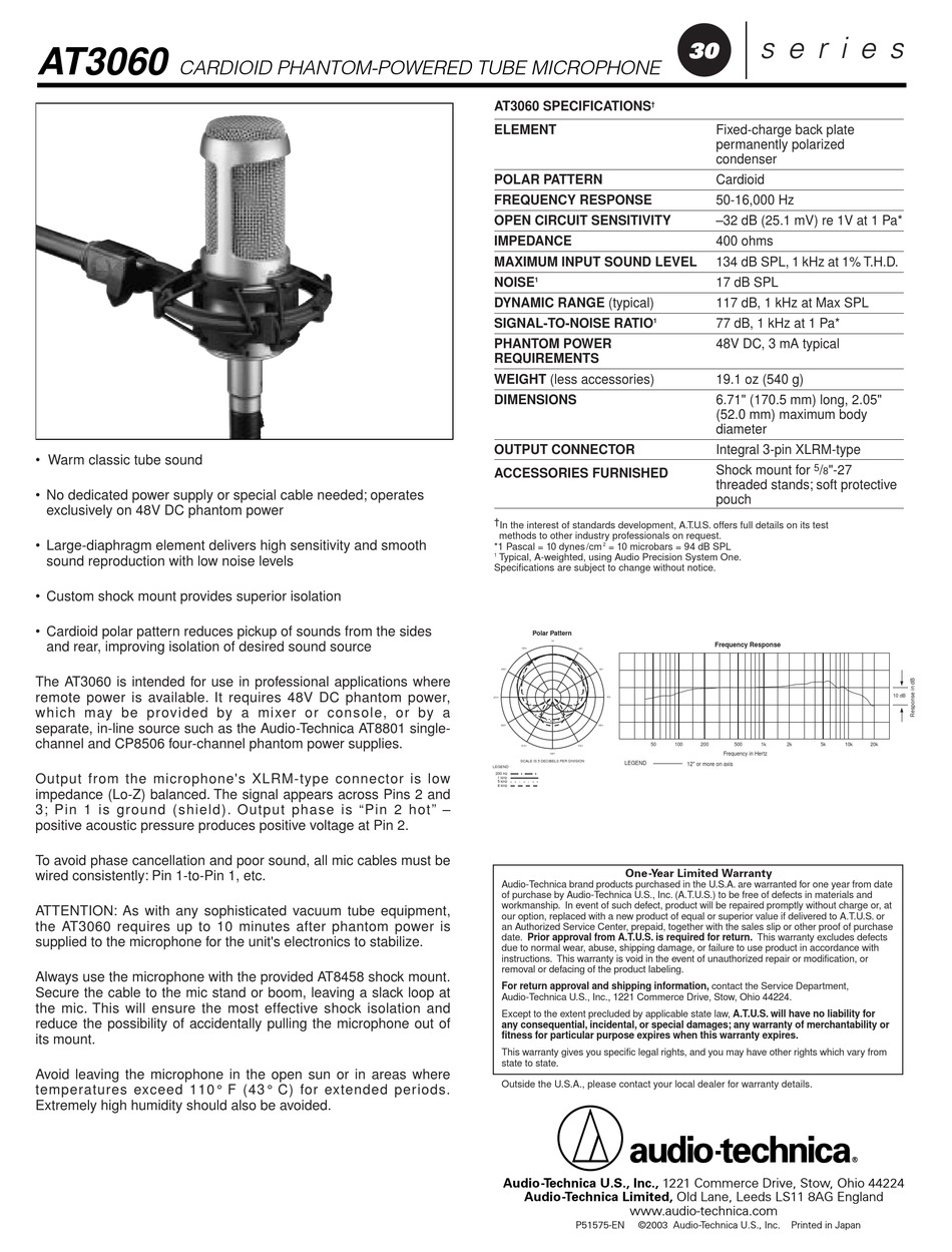 Audio Technica At3060 Specifications Pdf Download Manualslib